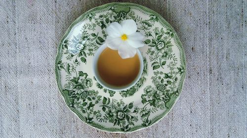 High angle view of tea in cup on table