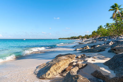 Scenic view of beach against blue sky