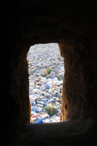 Cityscape seen through window