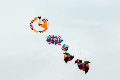 Five kites soaring at a kite festival