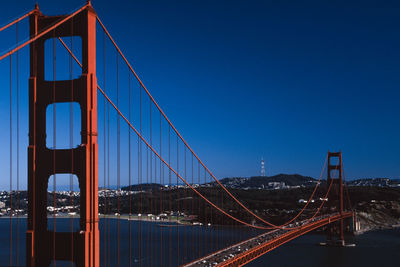 View of suspension bridge against clear blue sky