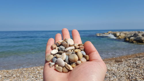 Close-up of hand holding stones at beach