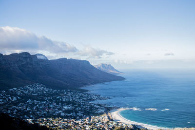 Scenic view of sea and mountains against sky