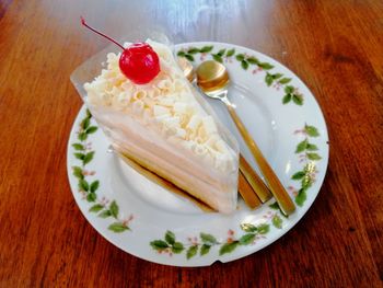 High angle view of cake in plate on table