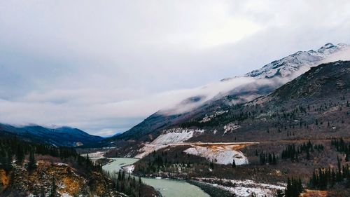 Scenic view of snowcapped mountains against sky during winter