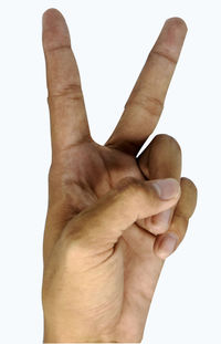 Close-up of human hand against white background