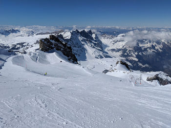 Scenic view of snow covered mountains against sky