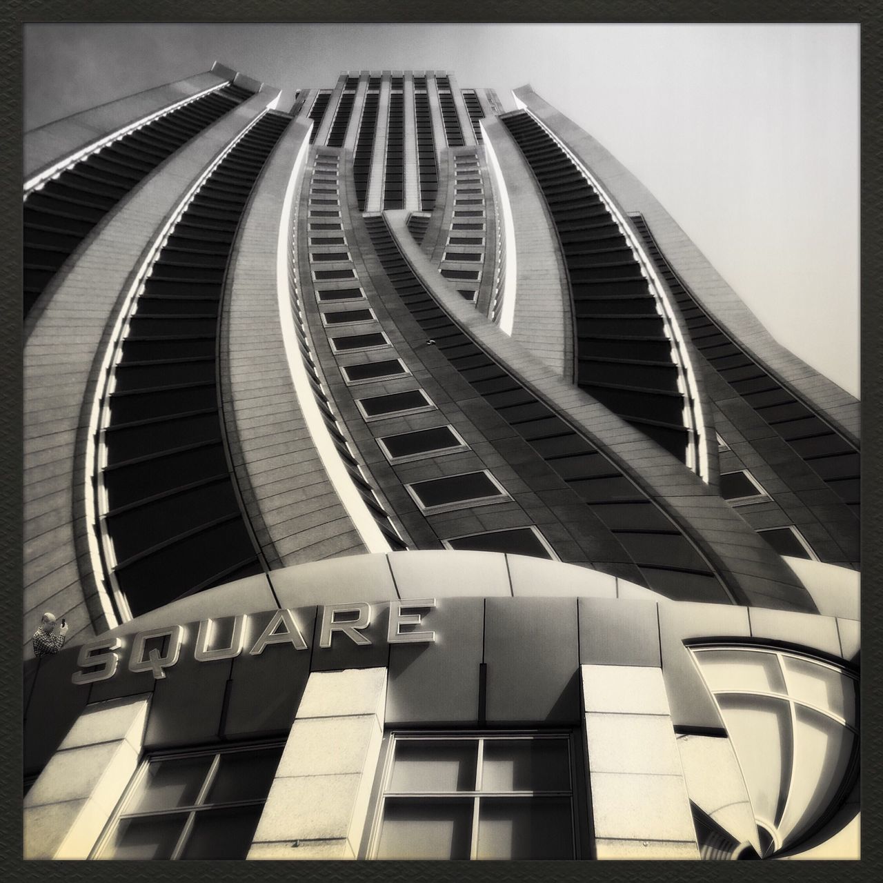 transfer print, architecture, built structure, building exterior, auto post production filter, low angle view, modern, building, railing, staircase, city, steps and staircases, no people, day, diminishing perspective, outdoors, steps, sky, office building, in a row