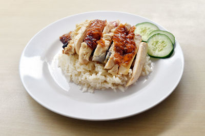 High angle view of food in plate on table