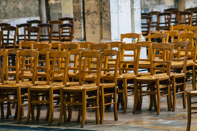 Empty chairs and tables in restaurant