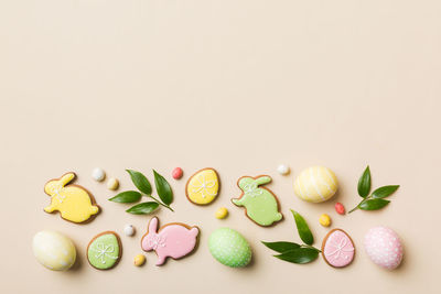 Directly above shot of food on pink background