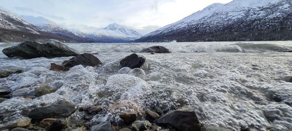 Scenic view of snowcapped mountains against sky