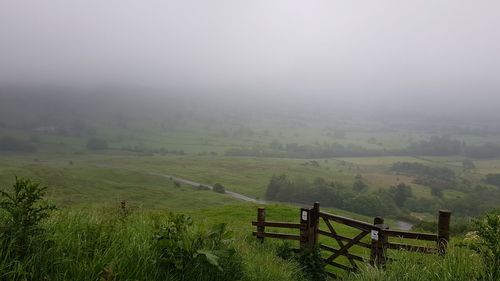 Scenic view of field against sky during foggy weather