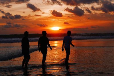 Rear view of men on beach against sky during sunset