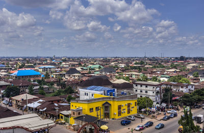 High angle shot of townscape against sky