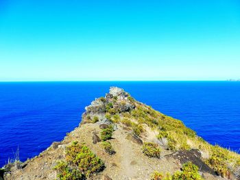 Scenic view of sea against clear blue sky