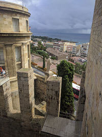 High angle view of buildings in city against sky