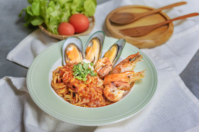 High angle view of breakfast served on table