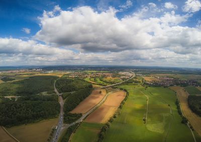 Aerial view of agricultural landscape against sky