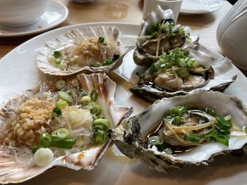 High angle view of food served on table