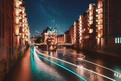 Light trail in river at night