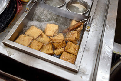 High angle view of meat in kitchen
