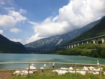 Scenic view of lake and mountains against sky