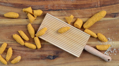 High angle view of chopped vegetables on table