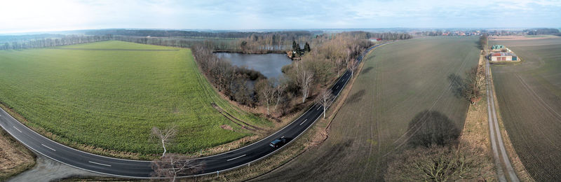 High angle view of agricultural field against sky