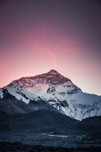 Scenic view of snowcapped mountains against sky during sunset