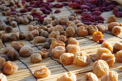 Close-up of dry apricots on mat