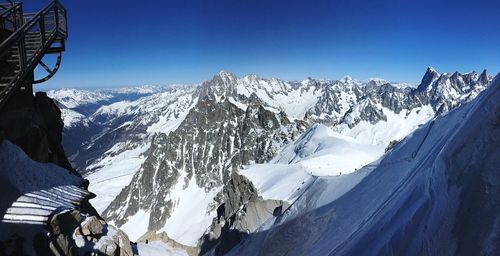 Scenic view of snowcapped mountains against clear blue sky