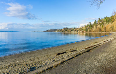 A view of the beach and waterfront homes at lincoln park in west seattle, washington.