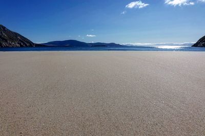 Scenic view of beach against blue sky