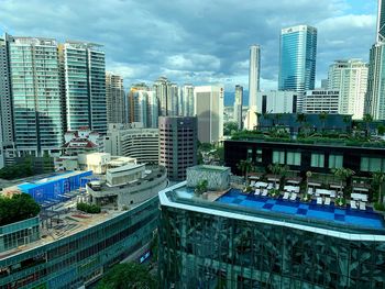 High angle view of swimming pool by buildings against sky