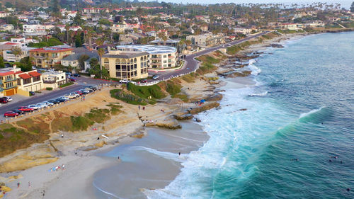 Aerial of surfers in la jolla, california