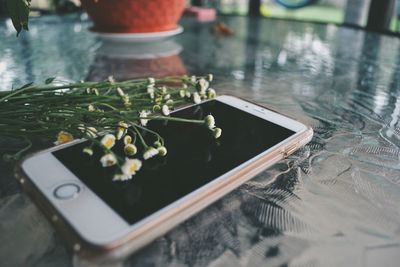 Close-up of flowers and smart phone on table