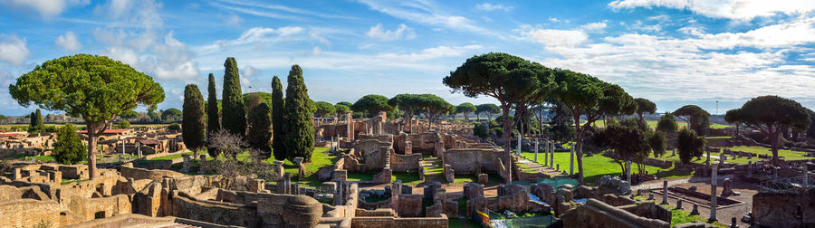 Ostia antica, overview of the archaeological park with the excavation areas, the roman necropolis