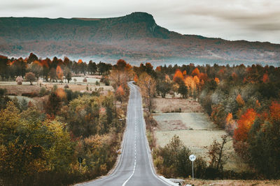 Road amidst trees against sky during autumn