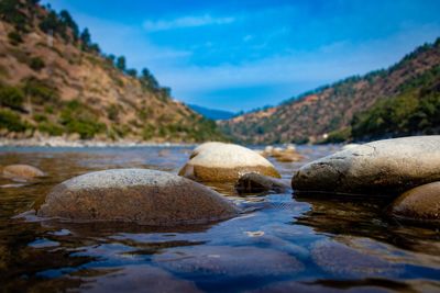 Surface level of rocks in sea against sky