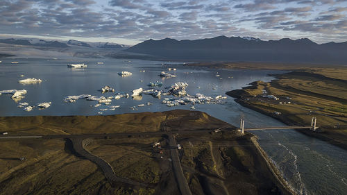 High angle view of glacial lake against sky at jokusarlon, iceland