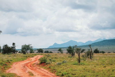 Dirt road amidst field against sky