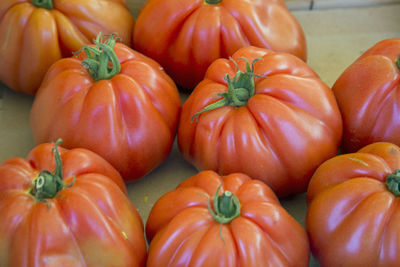 High angle view of tomatoes for sale at market stall