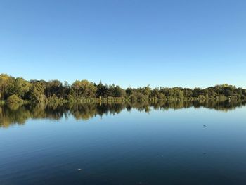 Scenic view of lake against clear blue sky