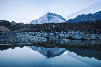 Scenic view of lake by snowcapped mountains against sky