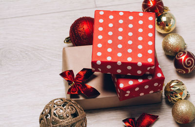 High angle view of christmas decoration in box