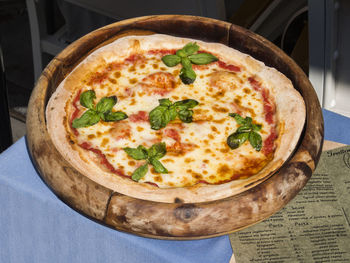 High angle view of pizza on table