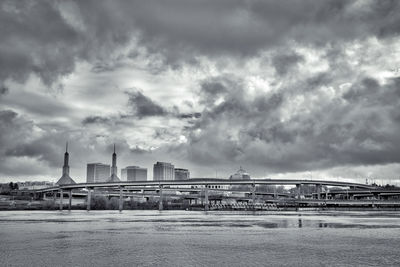 View of bridge over river against cloudy sky