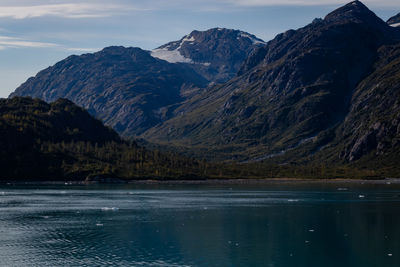 Scenic view of lake by mountains against sky