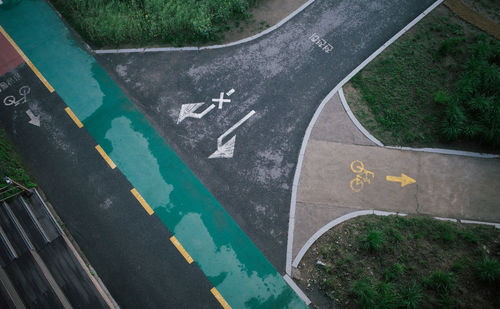 High angle view of text on road